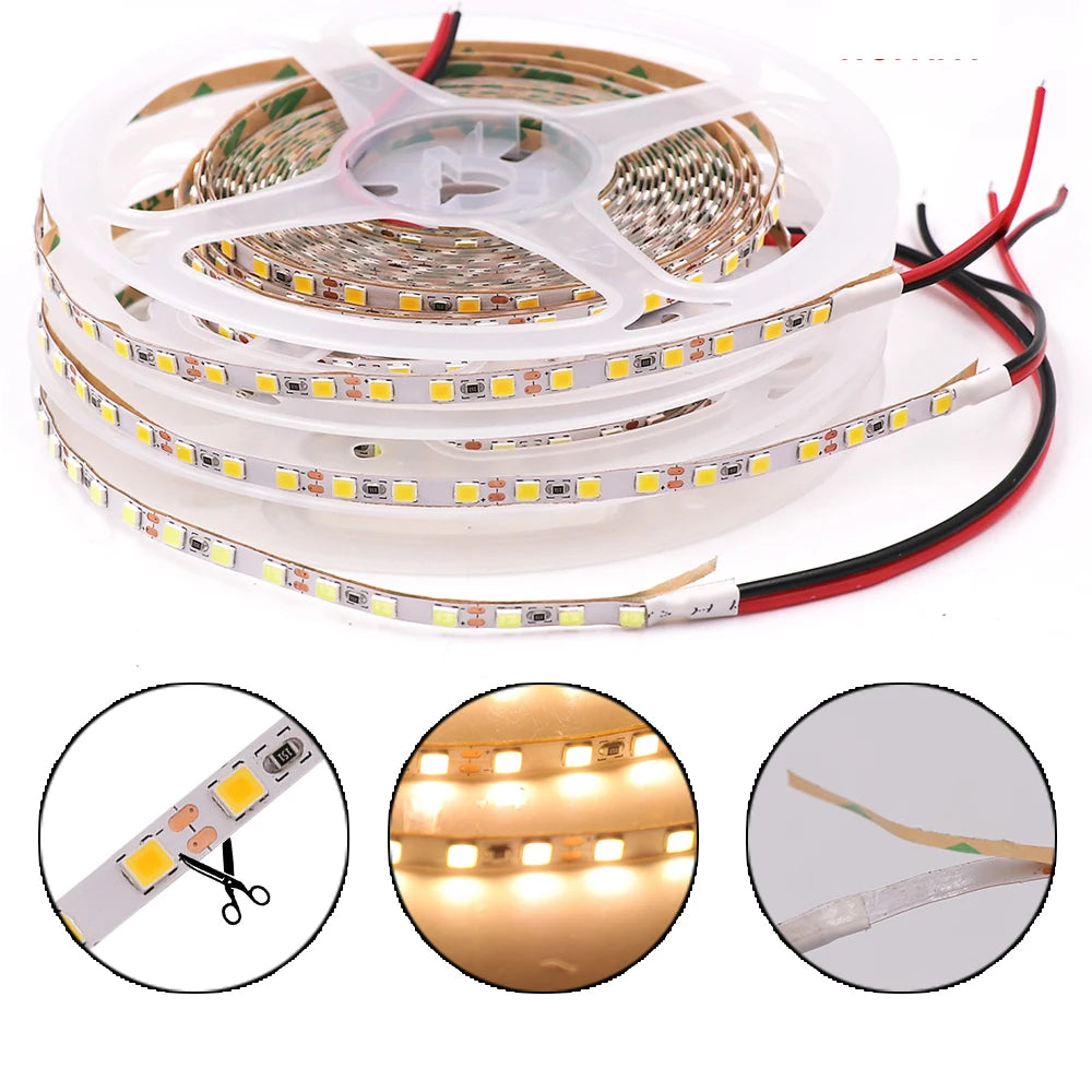 12V LED Strip Light 2835 SMD 4mm Super Bright 120LED/m 5M 600 Pixel Flexible LED Tape Lights Natural White/Warm White/Cold White