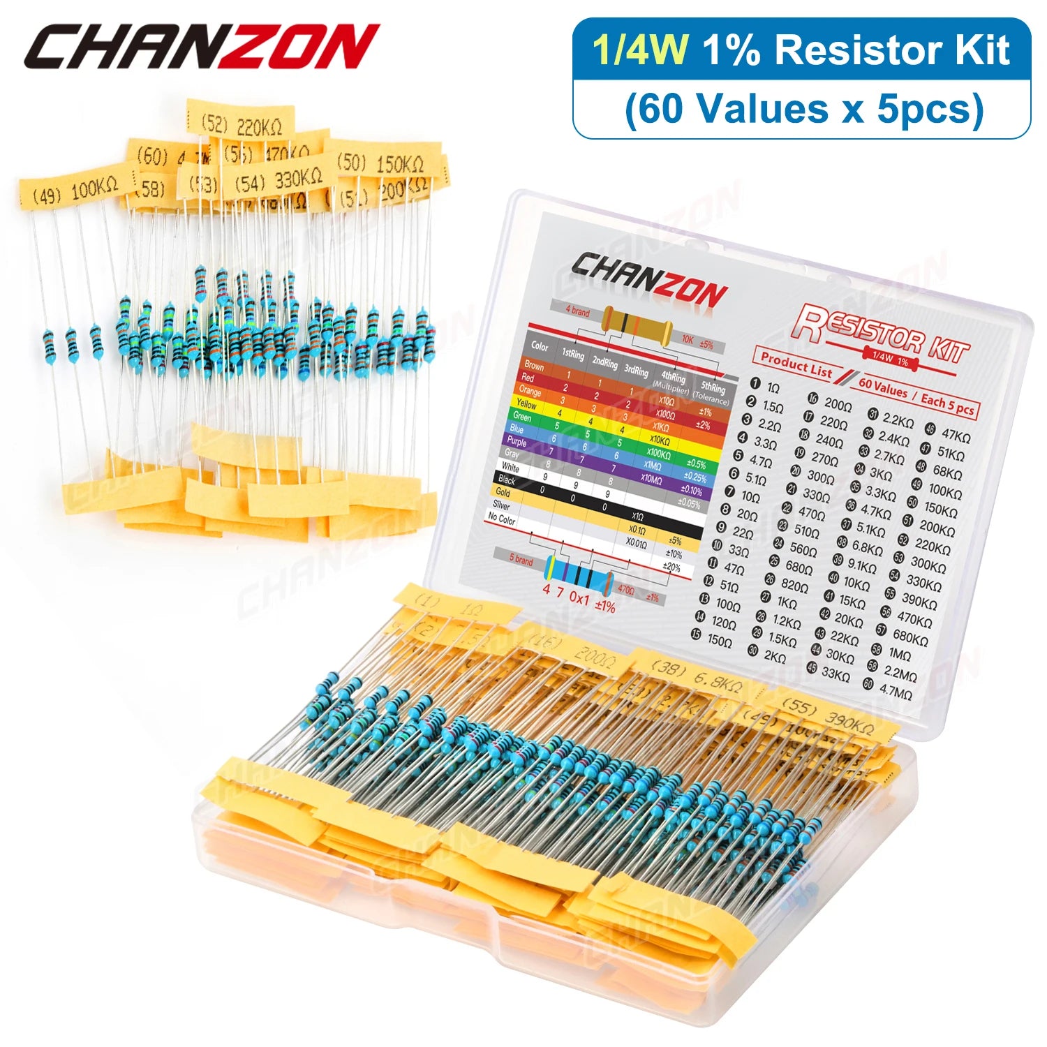 60 Values 1/4W Metal Film Resistors Kit 300Pcs/Pack 1 10 220 330 470 1K 4.7K 10K Ohm 1% High Precision Resistance Set Assortment