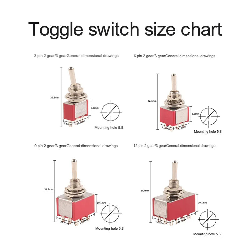 5PCS 6mm Miniature Toggle Switch MTS 102/103/202/203/302/304/402/403 ON-OFF-ON 5A125V 2A250V 3/6/9/12 Pin Mounting Equipment