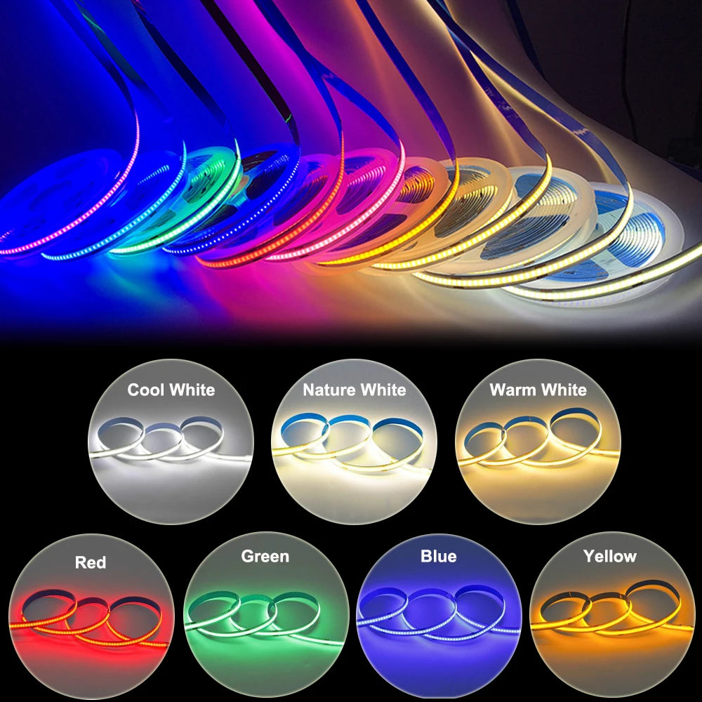 COB LED Strip 480 528 Chips/M High Density Flexible FOB Led Red Green Blue Warm Nature Cool White Linear Dimmable Light 12V 24V