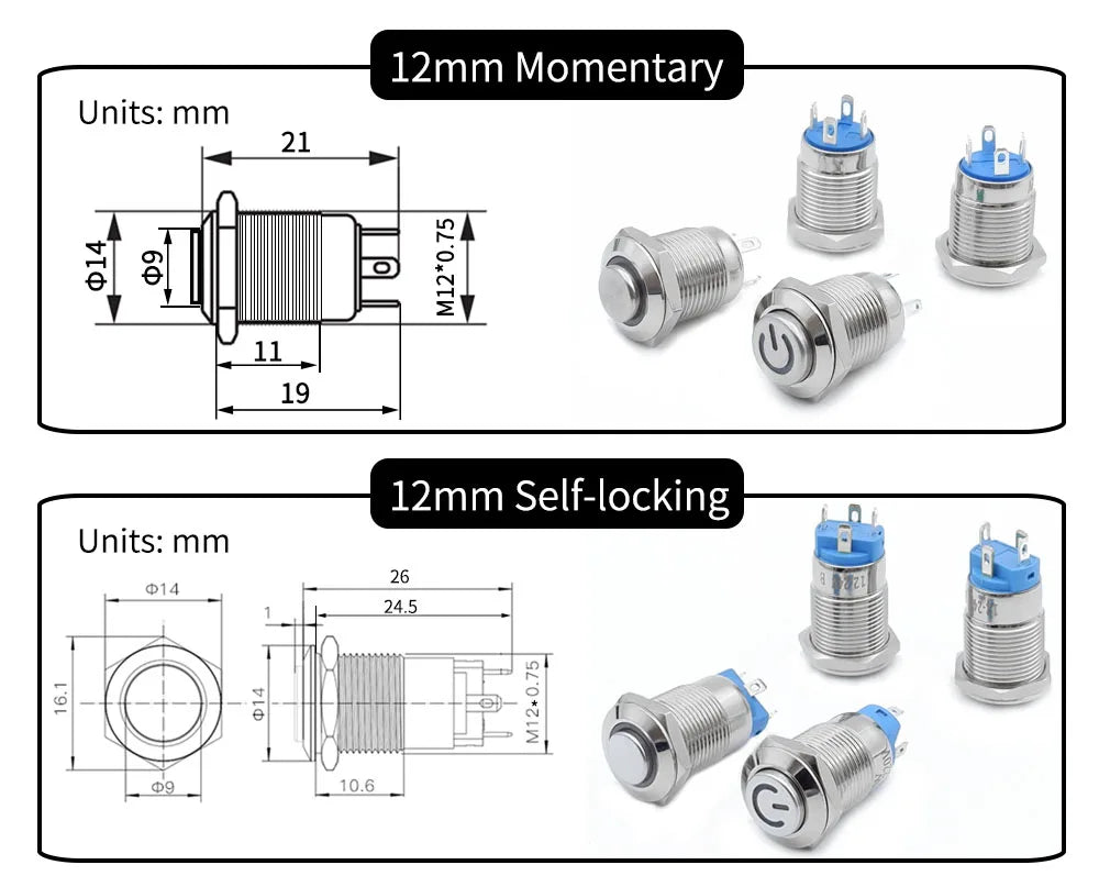 12 16 19 22mm Metal Push Button Switch Press Button Flat High Head 1NO 1NC Momentary Self Reset Locking Latching Black Switch