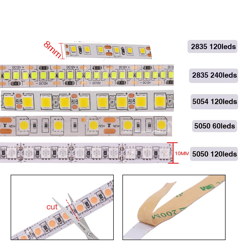 DC12V LED Strip 5050 5054 2835 240LEDs/m High Bright Flexible LED Rope Ribbon Tape Light Lamp Warm White / Cold White 5m