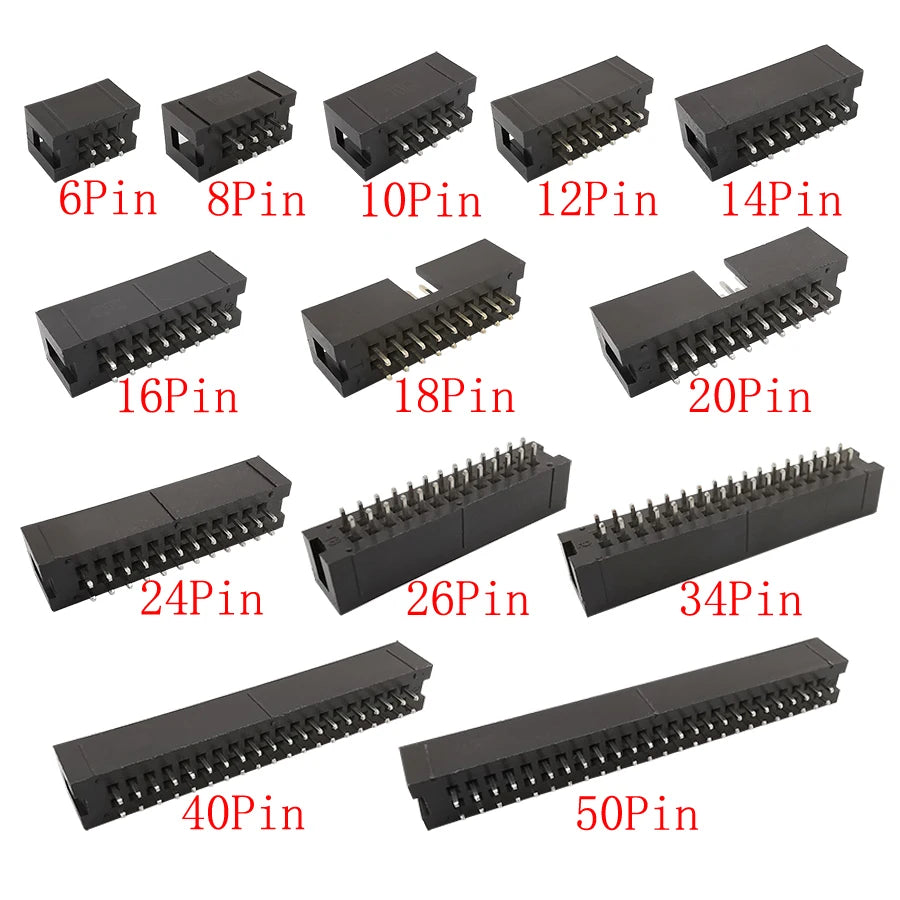 10Pcs IDC Box Header 6/8/10/12/14/16/18/20/24/26/30/34/40/50Pin Connector IDC Sockets 2.54mm Pitch Dual Row Straight DC3 Sockets