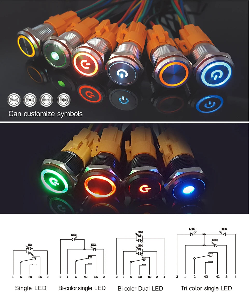 LANBOO LB16A Device Button Switch Chrome Plating/Aluminum Oxide Black/Optional 1NO1NC/5 Pin Latching/Momentary Optional