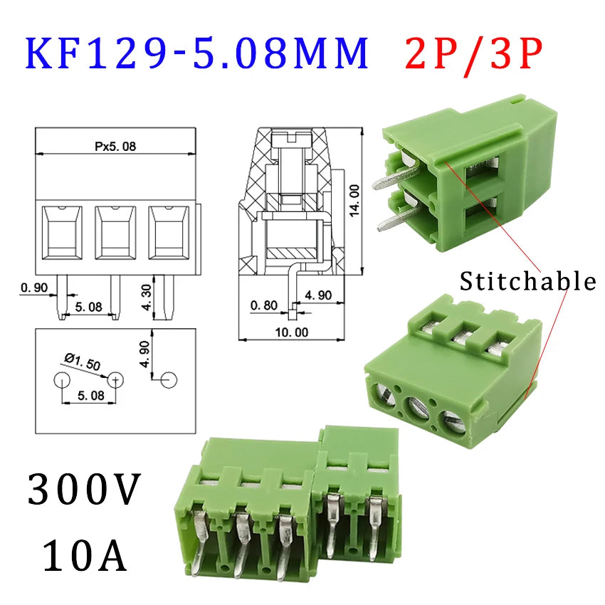 10Pcs KF128 2Pin 3Pin Screw Type PCB Terminal Block Wire Connector 2.54mm/3.5/3.96/5.0/5.08/7.5mm Straight Pin Splice Terminals