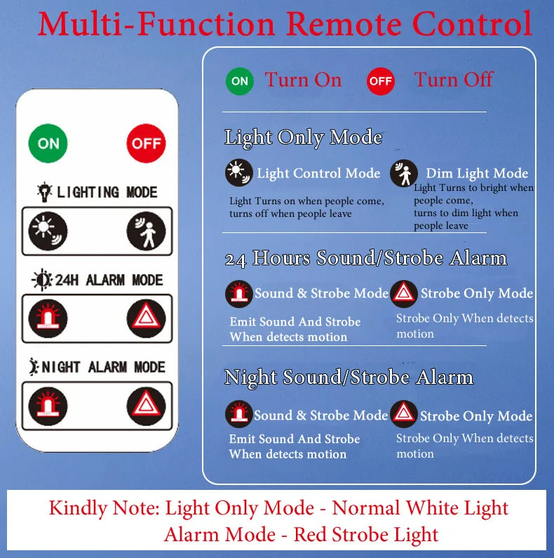 Multi-Function Solar PIR Motion Sensor Alarm Light Remote Control 129dB Siren For Home Garden Shed Caravan Farm Security Lamp