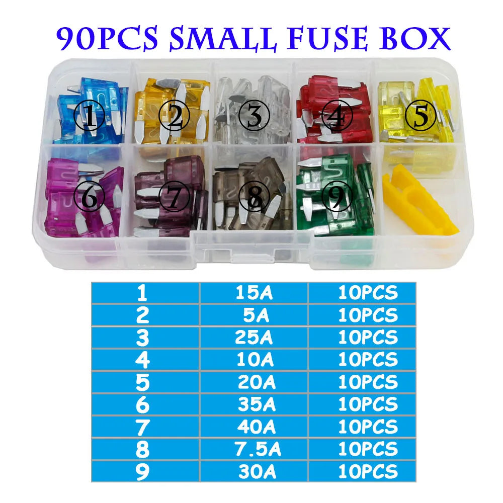90/45PCS Car Fuse 5/7.5/10/15/20/25/30/35/40A Mini/Small/Medium 24V Automotive Blade Type Zinc Alloy Fuse with Box Clip