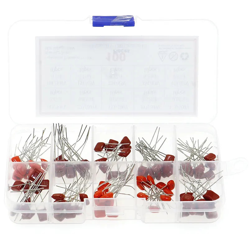 100pcs 10 Values CBB Capacitor Set Metallized Polyester Film Capacitors Assortment Kit 10nF~470nF 22NF 47NF 100NF 0.47uf 0.1uf