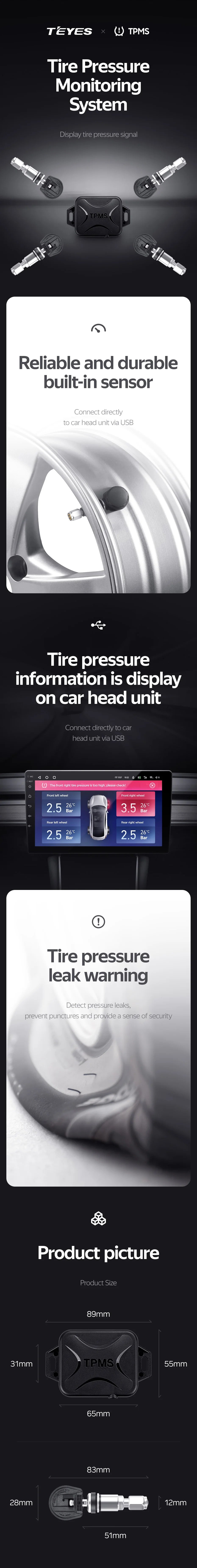 Teyes TPMS Car Auto Wireless Tire Pressure Monitoring System for Car DVD Player Navigation