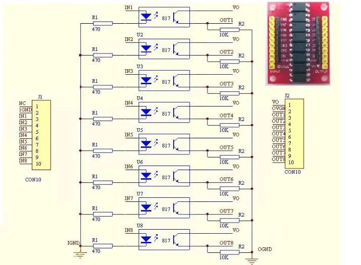 8 Channel Optocoupler Isolation Module Signal Voltage Converter PNP NPN Low High Level Output AC 110V 220V DC 3.3V 5V 12V 24V