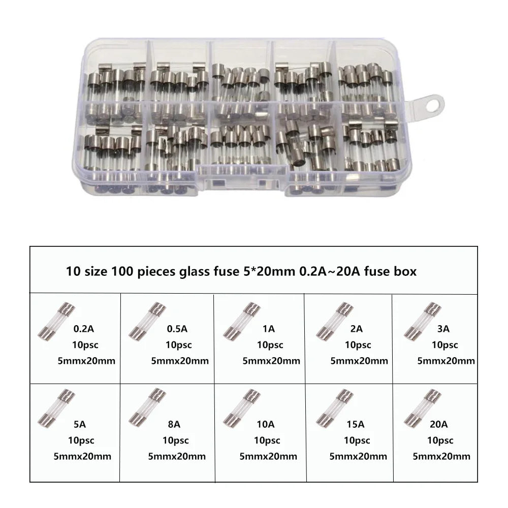 100Pcs Assorted Fast Blow 5x20mm Glass Tube Fuse Kit with Multiple Amp Ratings 0.2A-20A Quick Blow Fuses