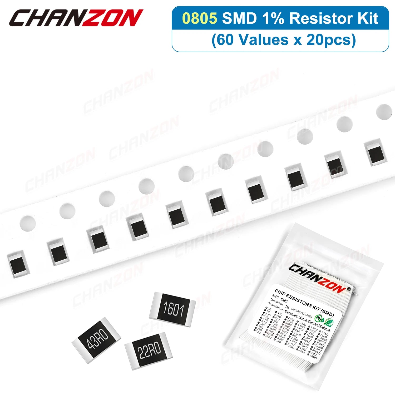 1200Pcs/lot 60 Values 0805 1% High Precision SMD Resistor Kit 0ohm 1 33 120 470 4.7K 20K 33K ohm 1/8W Resistance Assortment Set