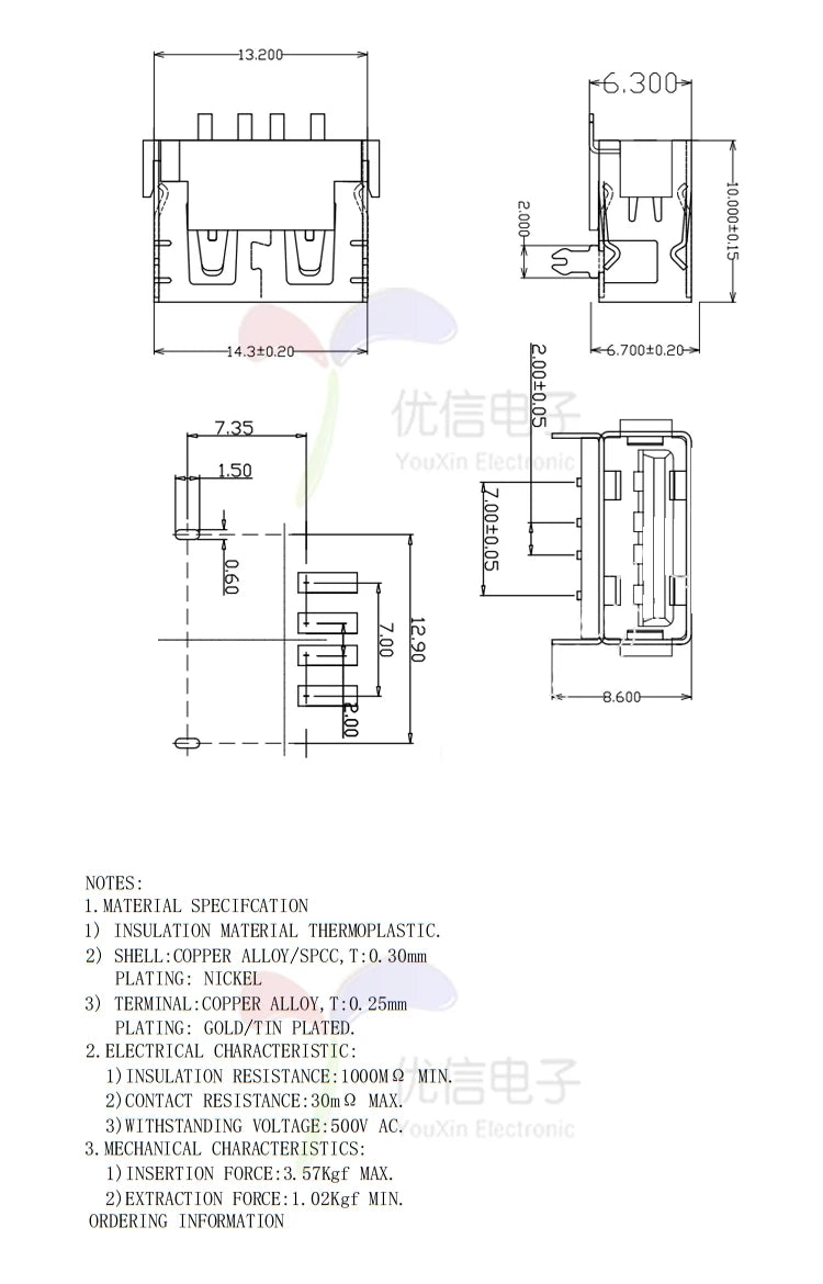 10Pcs/Lot Type A Female USB 2.0 Short body 4 Pin 2 Foot 90 Insert direct Data Charge Plug Socket Jack Connector Wire
