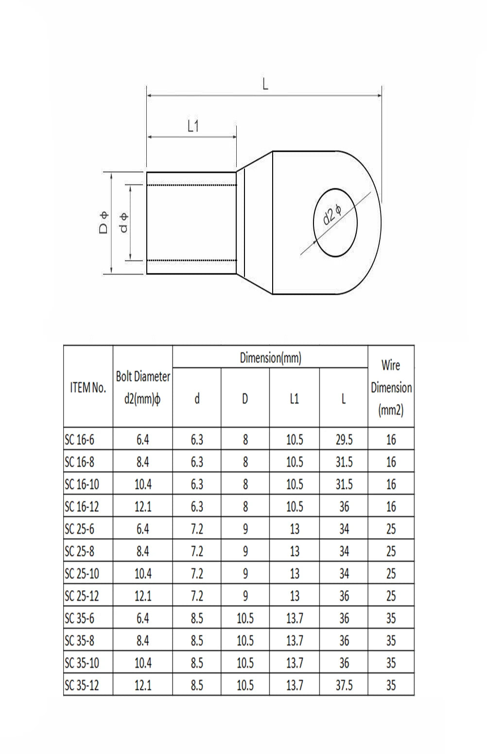 10pcs/lot 16~35mm2 Terminals Wire Welding Cable Connector Suit SC16-6 SC25-8 SC35-8