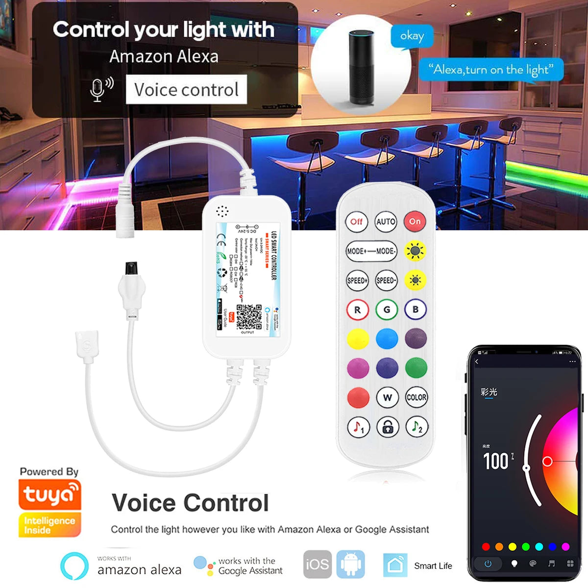 Tuya Wifi 5in1 LED Strip Lights Kit DC12V 5050 RGBCCT RGB+W+WW APP/Voice/Remote Control Smartlife for Alexa Google Home 1M-5M