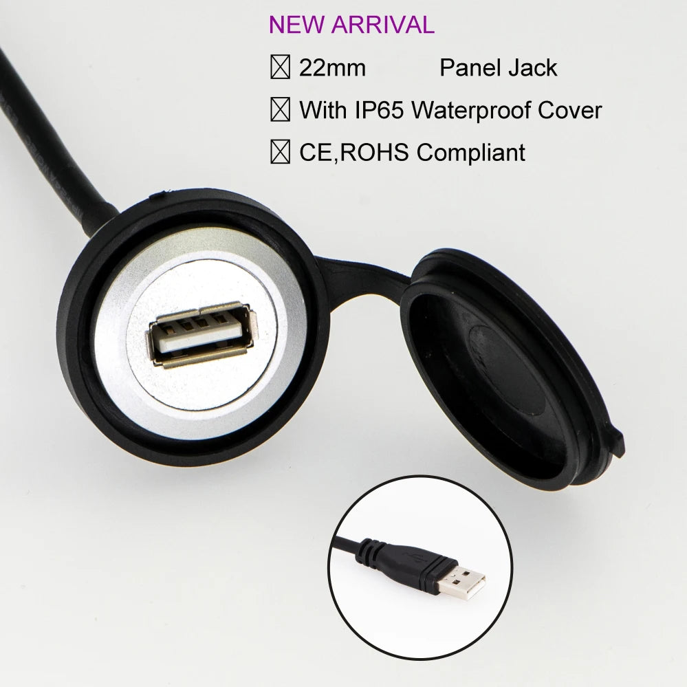 22mm Hole Install USB Connector/Socket FEMALE A - MALE A With Extend Cable(60cm,150cm)
