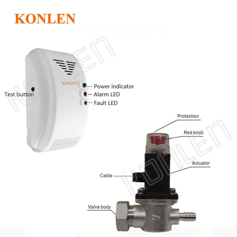 KONLEN LPG Natural Gas Leakage Detector Wireless 433Mhz Sensor With Solenoid Valve