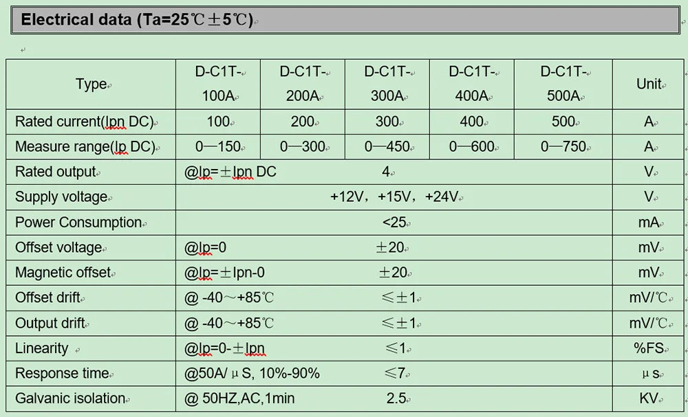 D-C1T Hall Effect Current Sensor for 100A 200A 300A 400A 500A DC Current Transformer Transducer Output DC4V for Electrochemical
