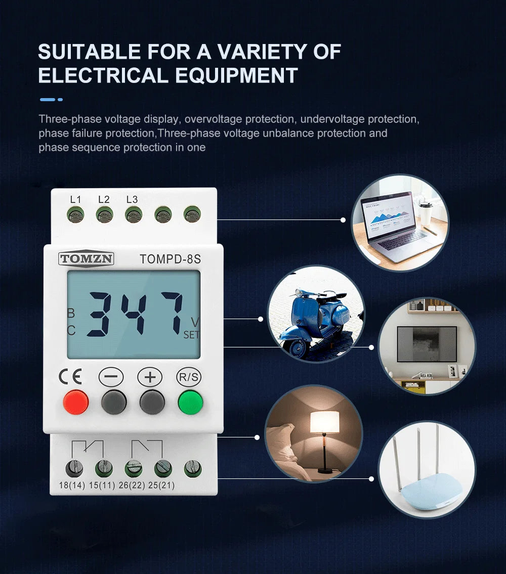 TOMZN 3 Phase Din Rail Adjustable Under Over Voltage Protector Voltage Monitoring Sequence Protection Relay