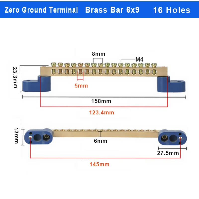 1Pcs Brass Wiring Terminal Row Zero Strip Flame Retardant Distribution Box Connection Terminal Adjustable Mounting Holes 4-16Pin