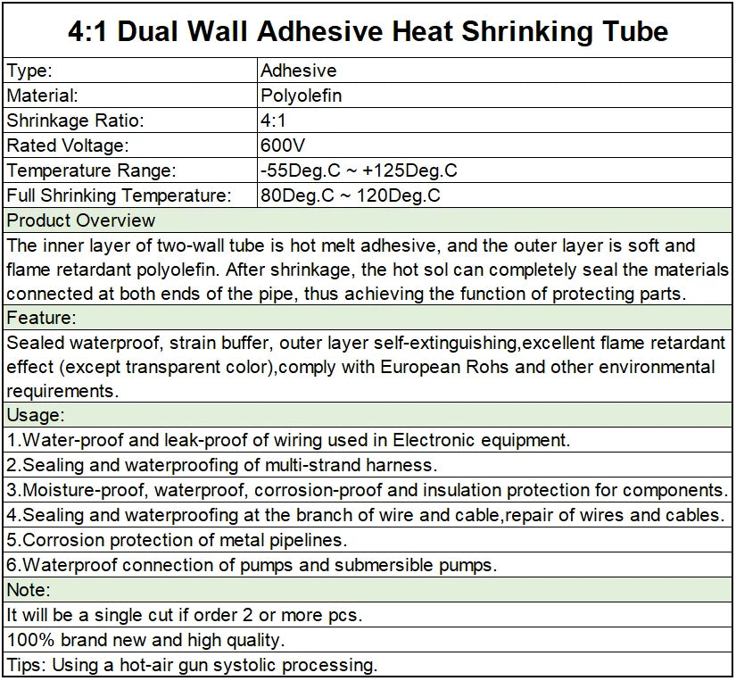 Heat Shrink Tube with Glue Adhesive Lined 4:1 Dual Wall Tubing Sleeve Wrap Wire Cable Kit 4 6 8 12 16 20 24 32 40 52 mm 1 Meter