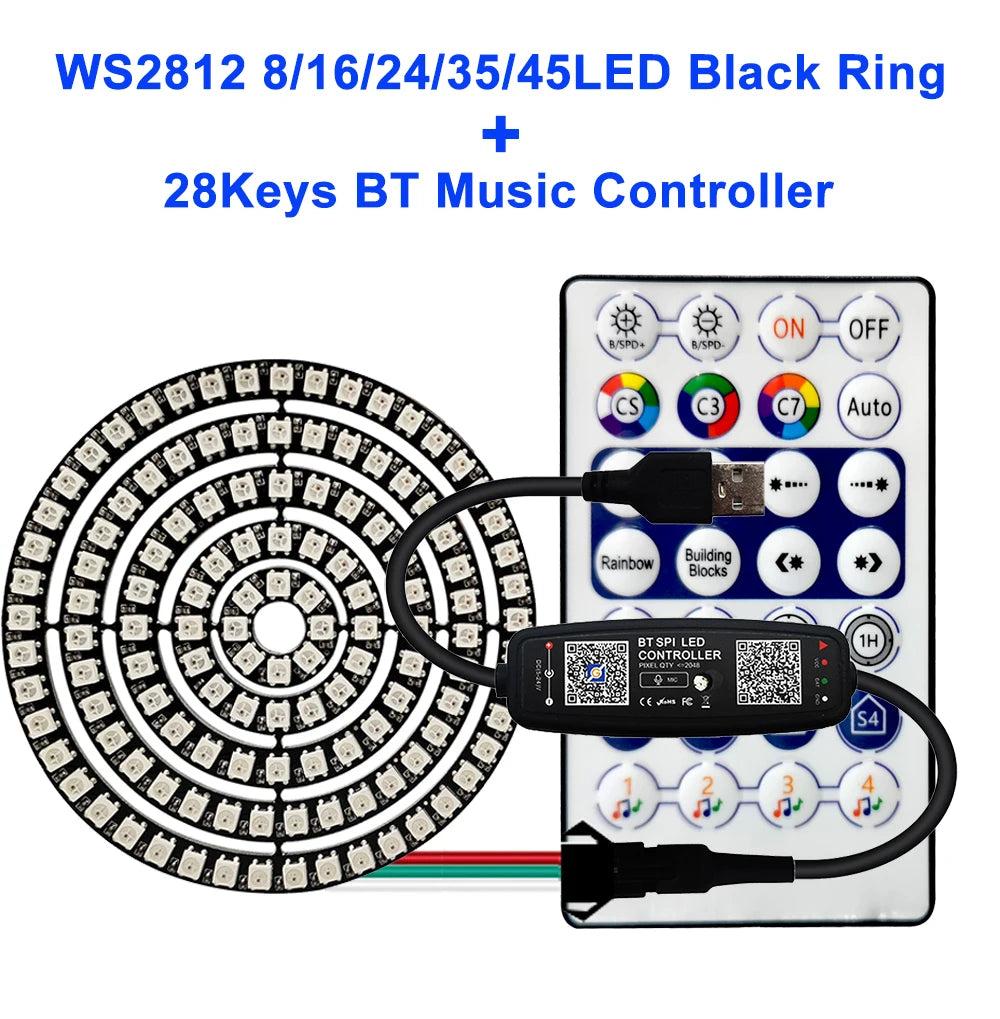 WS2812B Individually Addressable Led Ring 5050 RGB With USB 28Keys Bluetooth Music Controller Kit BuiIt-in 8/16/24/35/45 Pixels
