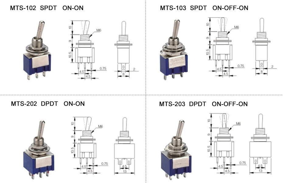 5pcs 10pcs MTS-102 103 MTS-202 203 Toggle Switch 6A 125VAC on on SPDT 6mm Mini Switch DPDT on off on Waterproof Cap