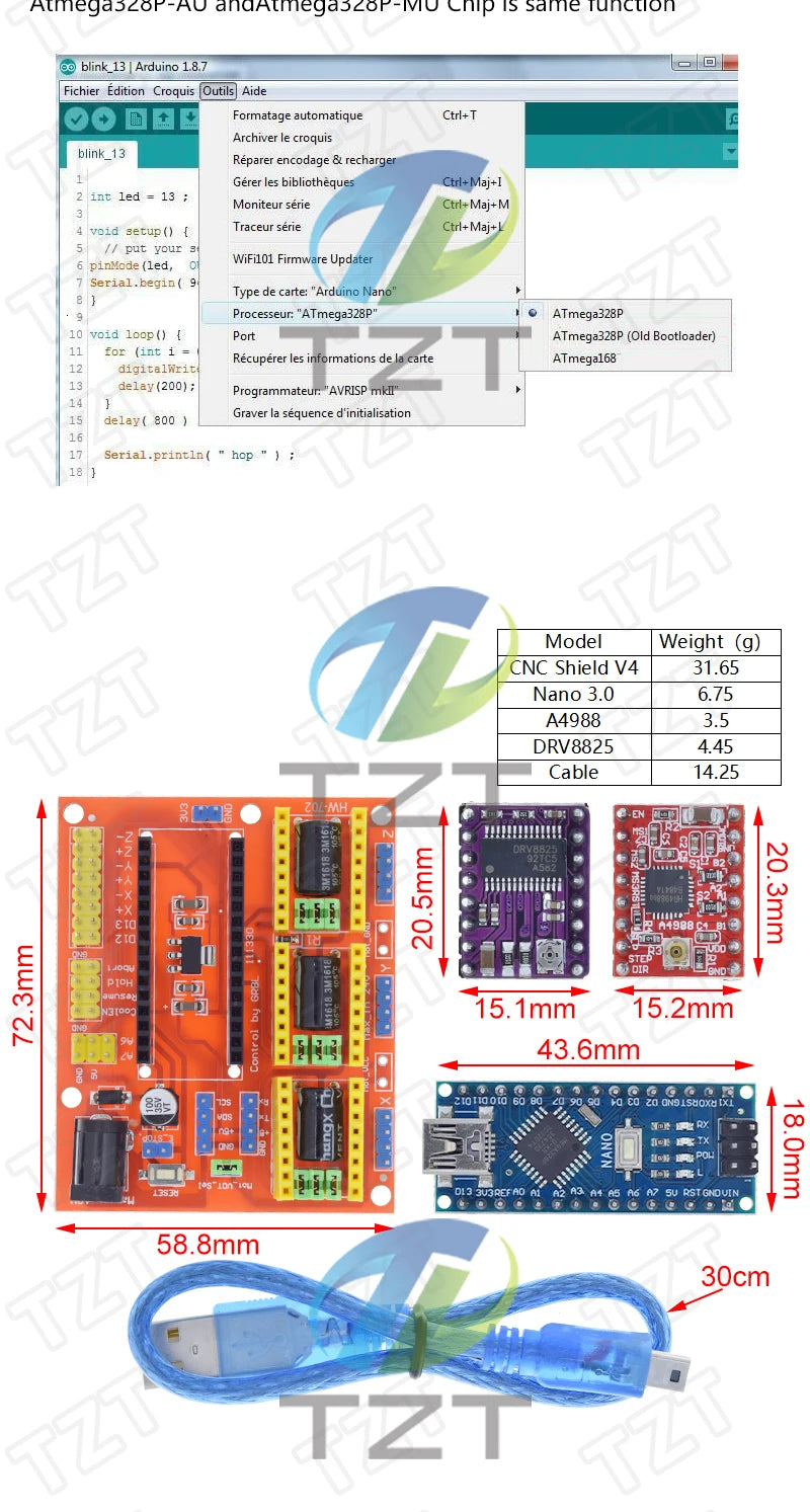 TZT 1SET 3DV4 CNC Shield V4 + Nano 3.0 + 3pcs DRV8825 or A4988  Reprap Stepper Drivers Set For  Arduino