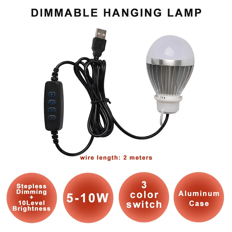 ZHMZH USB LED Bulb Stepless Dimming Brightness Three Color Switch Dimmable Hanging Lamp Light Bulb For Adapter Power Bank 10W