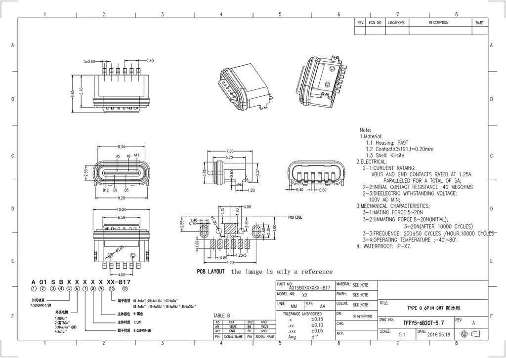 IPX7 Waterproof Type C 6 Pin SMT Socket Connector USB 3.1 Female SMD DIP For Huawei Samsung Lenovo PCB Design DIY High Current