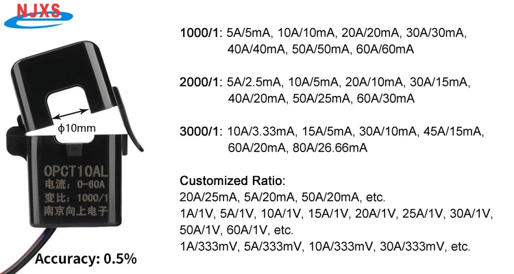 Miniature Split Core Current Transformer OPCT10ATL 5A/100mV 20A/100mV 50A/100mV 1A 5A 10A/1V Ferrite Cores CTs Sensor