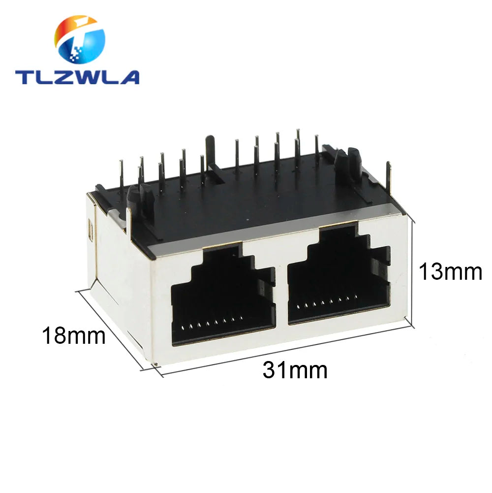 1PCS 1*2 RJ45 Metal 16 Pin Female PCB Right Angle Board Jack Connector 8P8C Crystal Head Socket 1x2 21mm Network Interface