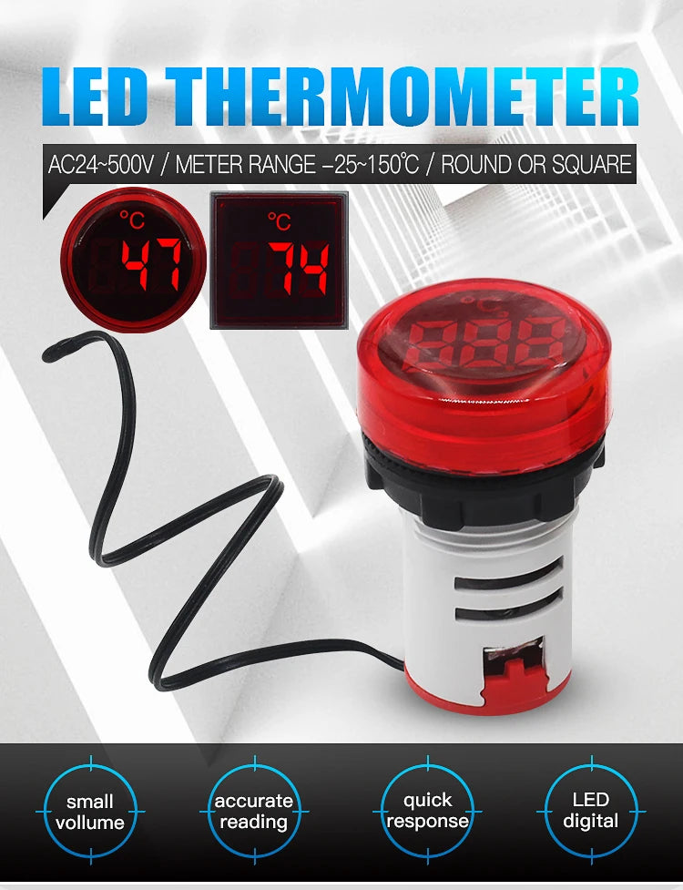 Mini Digital LED Thermometer Square/Round Head Temperature Gauge for Liquid & Air Measurement Range -25℃ to 150℃