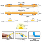 COB LED Strip 480 528 Chips/M High Density Flexible FOB Led Red Green Blue Warm Nature Cool White Linear Dimmable Light 12V 24V
