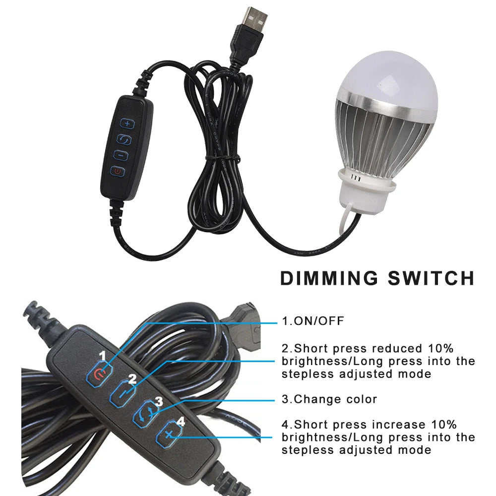 ZHMZH USB LED Bulb Stepless Dimming Brightness Three Color Switch Dimmable Hanging Lamp Light Bulb For Adapter Power Bank 10W