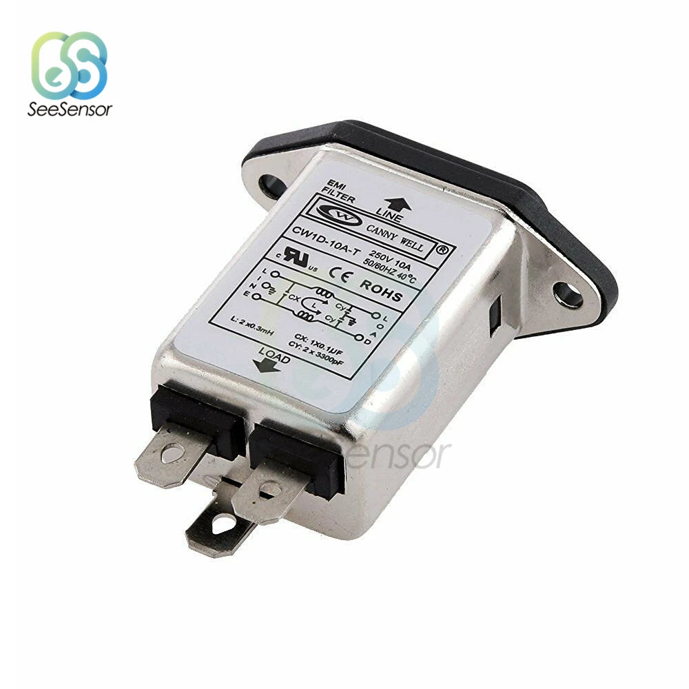 IEC Socket Panel Mount Power Line Power EMI RFI Filter AC 115V-250V 10A 50/60Hz CW1D-10A-T Suppressor Power Line Noise Filter