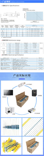 20PCS 3W Metal Film Resistor 1% Five-color Ring Power Resistor 0.1R~1M 3.3 4.7R 10R 100R 220R 470R 1K 2.2K 10K 22K 4.7K 100K Ohm