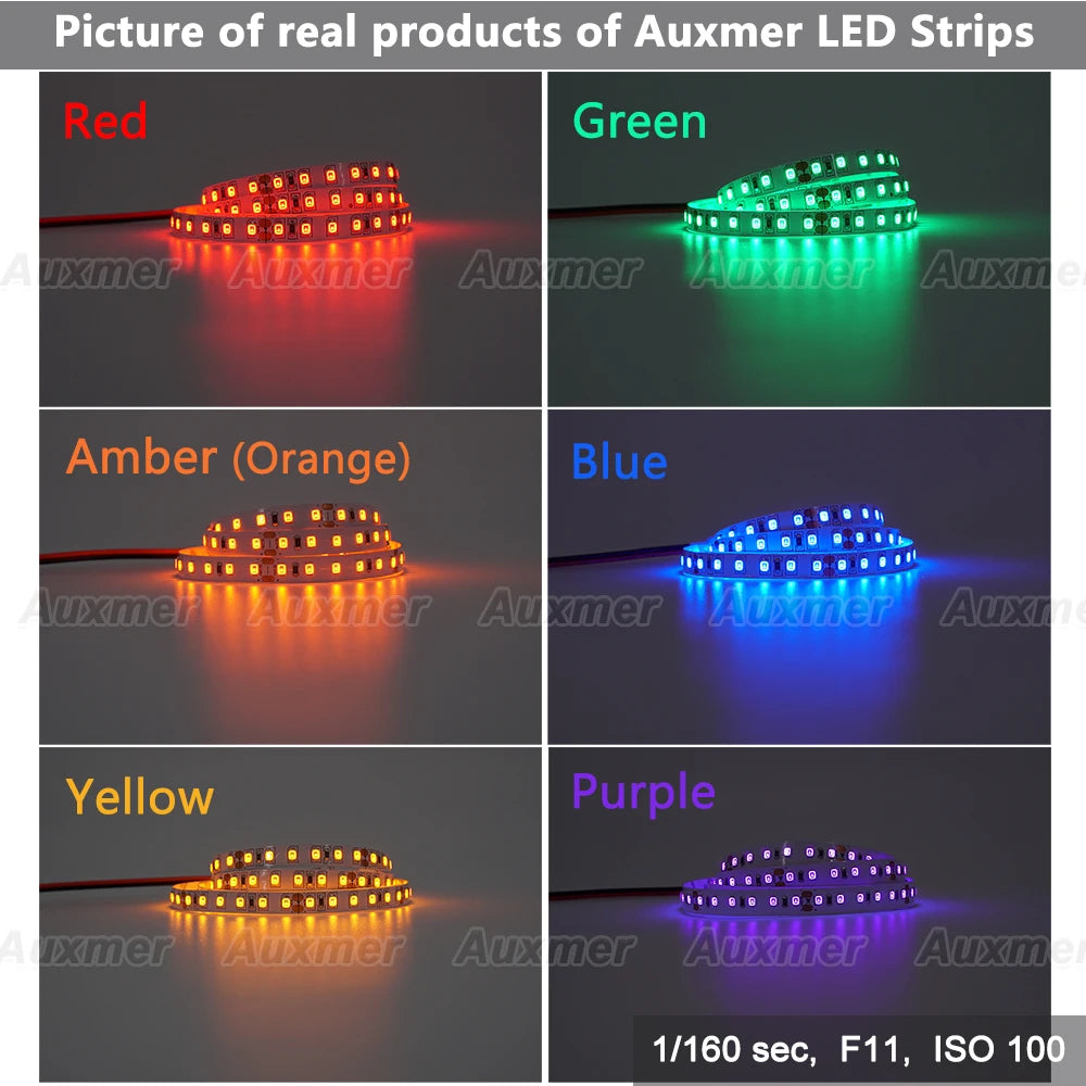 Auxmer Low Power 2835 LED Strip,Mono Color,120LEDs/m 240LEDs/m,CRI＞95/90,3SDCM,Super Bright Flex LED DC12/24V,5m/reel,IP20