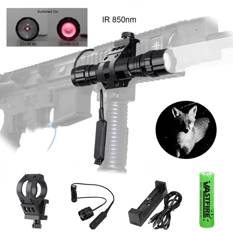 Infrared Night Vision Flashlight Zoomable LED IR-940nm Torch used with Night Vision Device 18650 Battery+Charge+Remote Switch