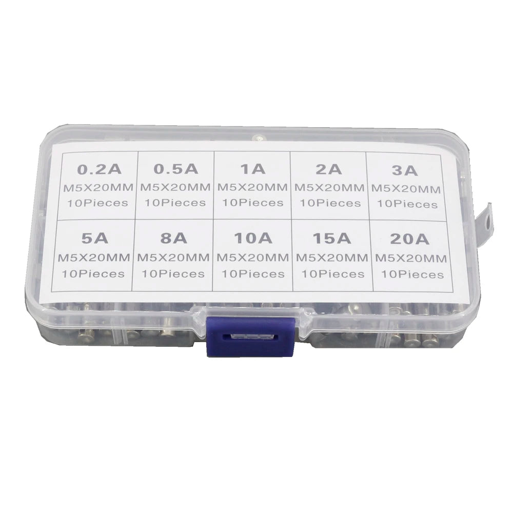 100Pcs Assorted Fast Blow 5x20mm Glass Tube Fuse Kit with Multiple Amp Ratings 0.2A-20A Quick Blow Fuses