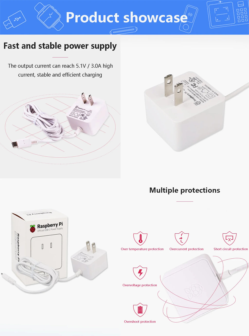 Original Raspberry Pi Official Power Supply 5V3A Type C 15W Output Suitable for Raspberry Pi 4B