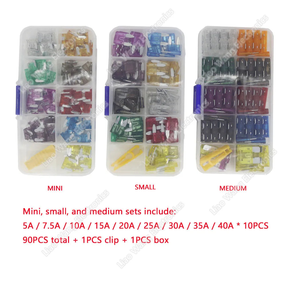90/45PCS Car Fuse 5/7.5/10/15/20/25/30/35/40A Mini/Small/Medium 24V Automotive Blade Type Zinc Alloy Fuse with Box Clip