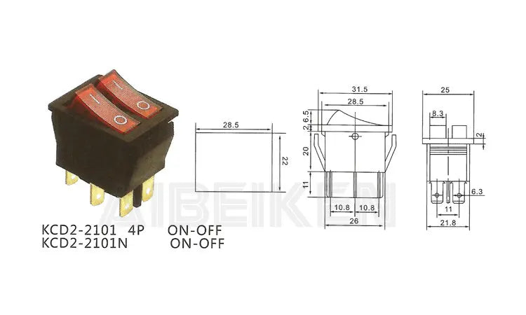 ABILKEEN 100PCS/Lot KCD2-2101N KCD2 Rocker Toggle Switch ON-OFF Latching Rocker Switch Dual Port Push Button AC250V 15A