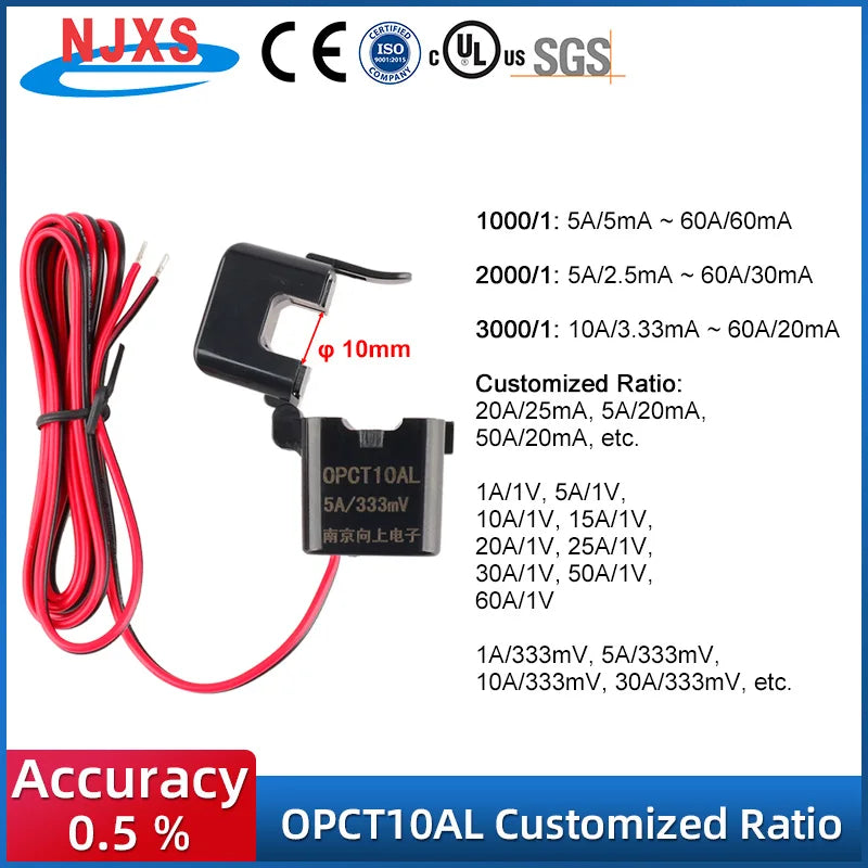 Miniature Split Core Current Transformer OPCT10ATL 5A/100mV 20A/100mV 50A/100mV 1A 5A 10A/1V Ferrite Cores CTs Sensor
