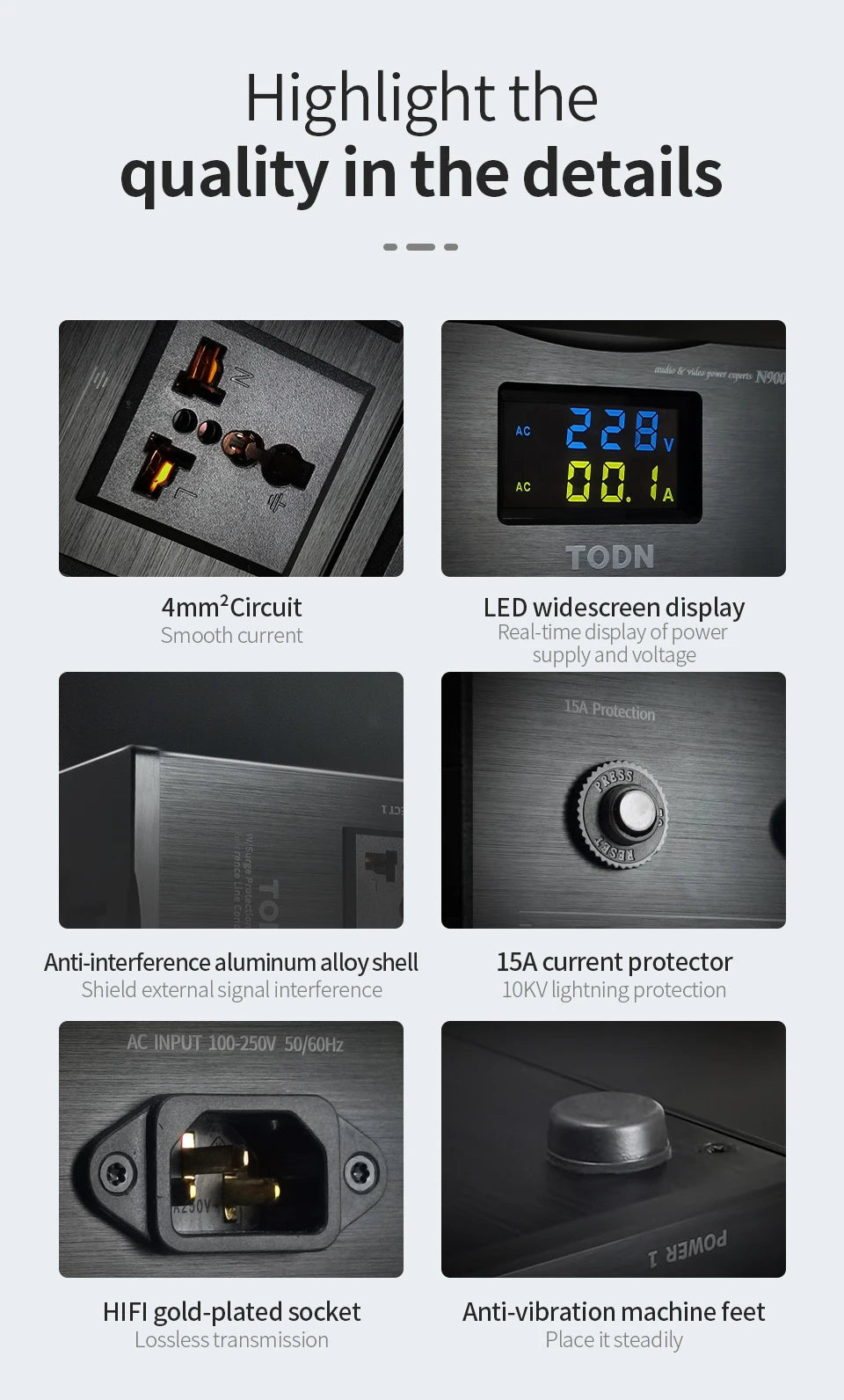 TODN Audio Noise AC Power Filter Power Conditioner Power Purifier Surge Protection with EU Outlets Power Strip