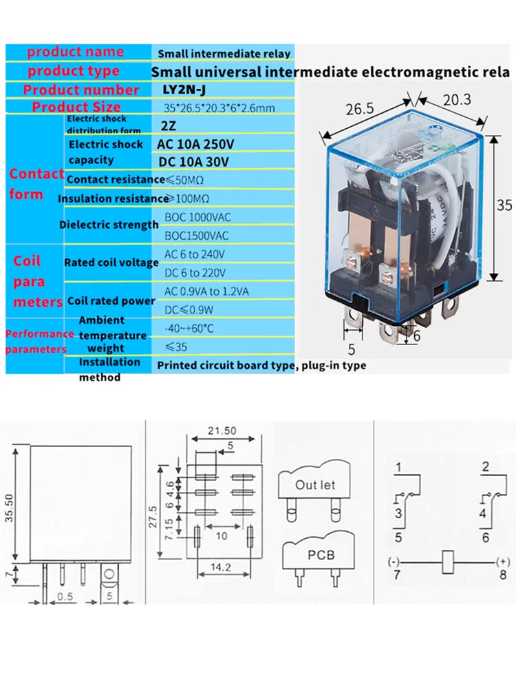 1pcs General Purpose LY2NJ HH62P  Electronic Micro Electromagnetic Relay LED Lamp 10A 8 Pins Coil DPDT DC12V 24V AC110V 220V
