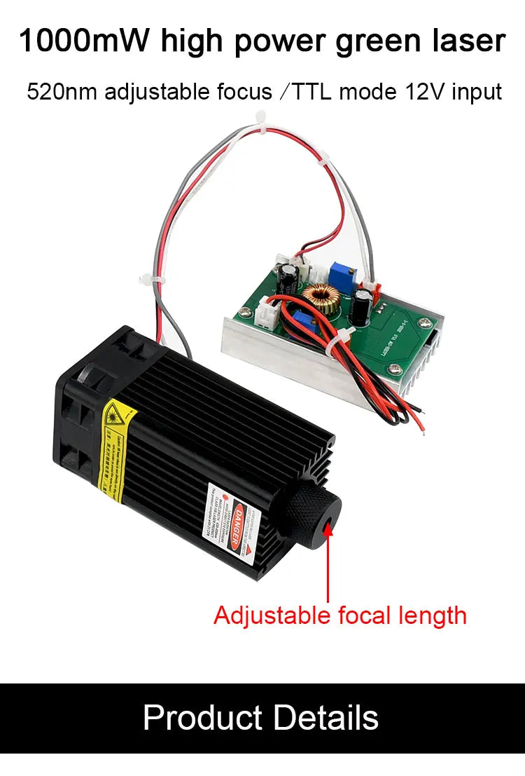 Lasers 520nm 1W Green Laser Module DC12V Focusable DIY OX Laser Head 1000mW Diode Laser for Stage Laser Bird Repellent  With TTL
