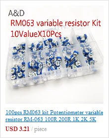 50pcs/lot 3296W Series 500R 1K 2K 5K 10K 20K 50K 100K 200K 1M Multi-turn Potentiometer 10K Variable Resistors with Box Set
