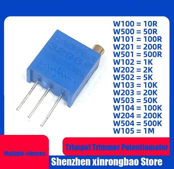 10pcs 3296W 3296 50 100 200 500 Ohm 1K 2K 5K 10K 20K 50K 100K 200K 500K 1M Ohm 103 100R 200R 500R Trimpot Trimmer Potentiometer