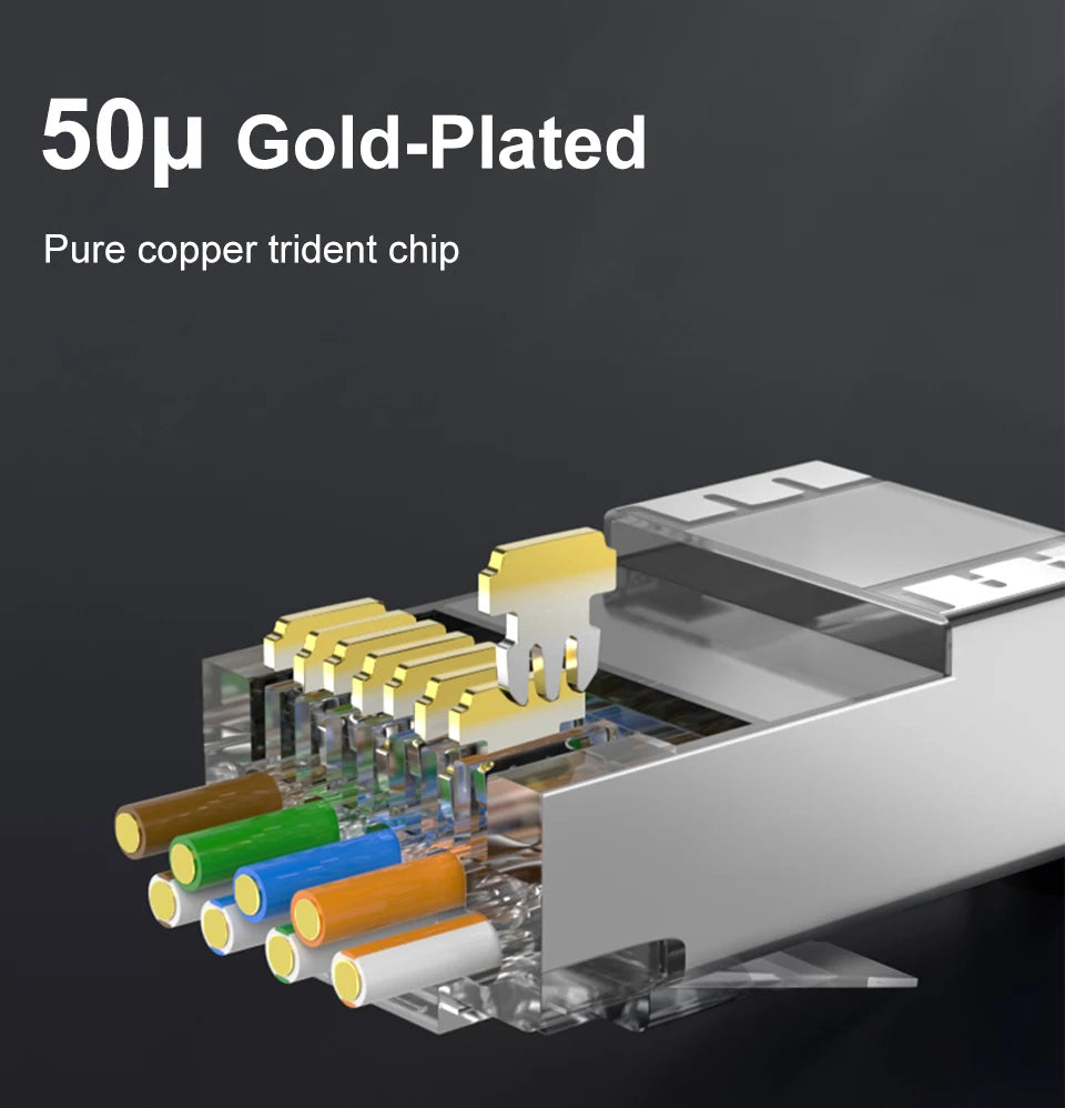 CAT7 Shielded 10Gbps STP RJ45 Modular Plug Connector with Load Bar, 50μ Gold-plated Support 23-26AWG